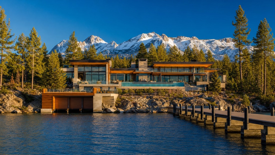 Nevada-side Lake Tahoe lakefront estate framed by Sierra pines